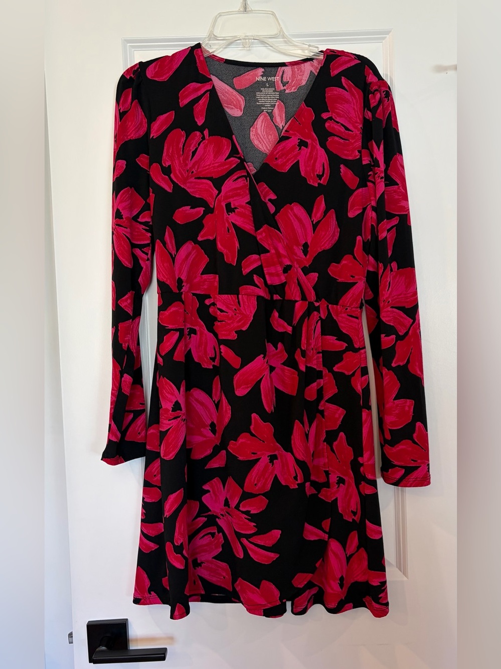 Nine West Black Dress with Hot Pink Floral Pattern EUC
